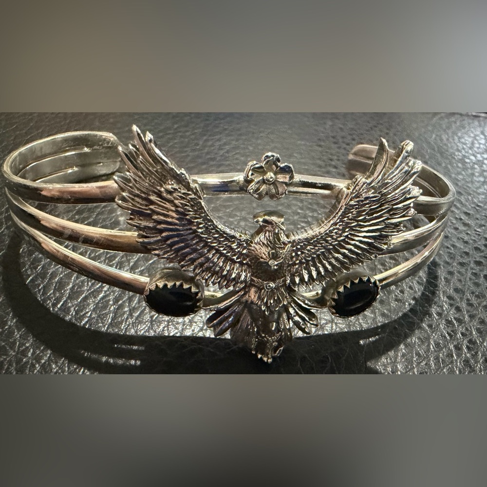 Silver Eagle Cuff Bracelet with Black Stone Accents